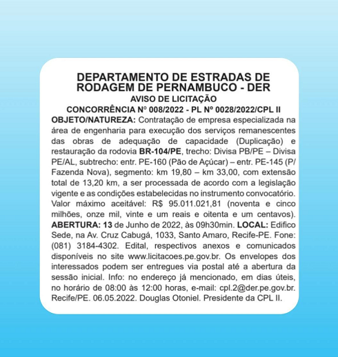 BR 104 Edital de contratação de empresa para executar obra