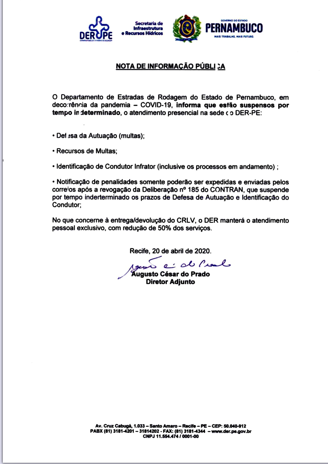 Documento nota oficial suspensão atendimento presencial covid1859