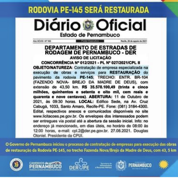 Card PE 145 contratação de empresa para obra